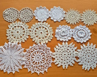 14 Vintage Doilies in Natural Colors, Beige, Ecru, White, and Off White Small Crochet Doilies, 2.4 to 4.5 inch Doilies, Crochet Mandalas