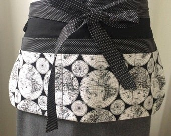 Utility Apron/Teacher Apron with 8 pockets and loop in black white globes countries