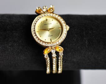 Vintage Retro 1950s 60s Robert Dauphin Watch Wristwatch Rhinestones Gold Tone Metal