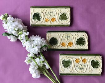 3 Antique Majolica Art Nouveau Tile Tiles Set of 3 Deep Bottle Green and Yellow Floral Border tiles