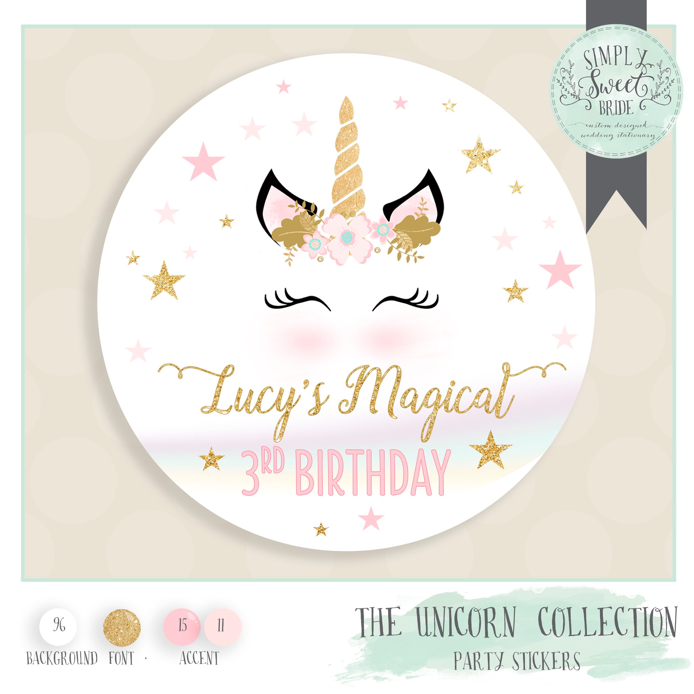 unicorn birthday favor sticker unicorn party with name age
