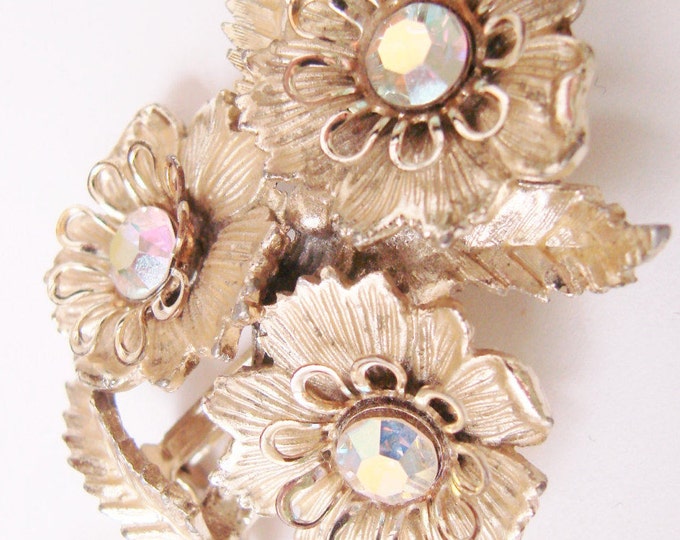 1960s Vintage Aurora Borealis Rhinestone Brooch Floral Mid Century Textured Goldtone Jewelry