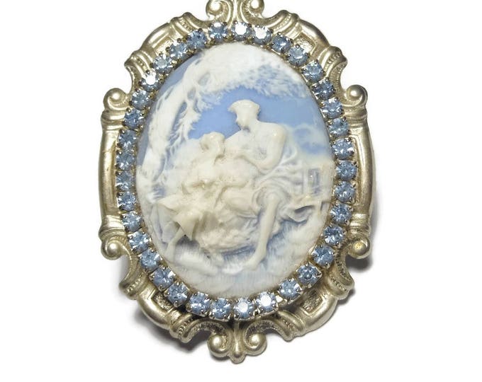 FREE SHIPPING Large cameo brooch, beautiful carved cream on blue lovers couple scene rhinestone edge, oval silver ornate frame dimensional