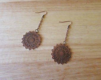 Antiqued Copper Sunburst Drop Earrings