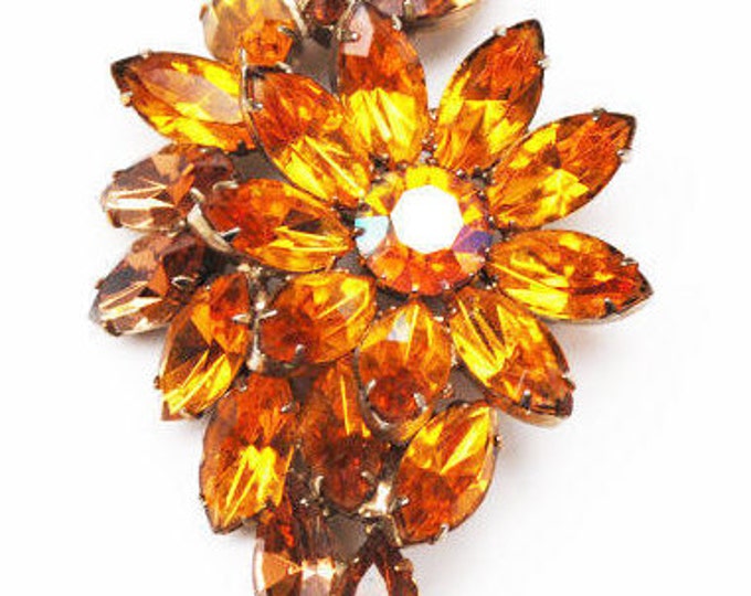 Rhinestone Brooch- Brown orange Crystal - Flower - Floral Pin