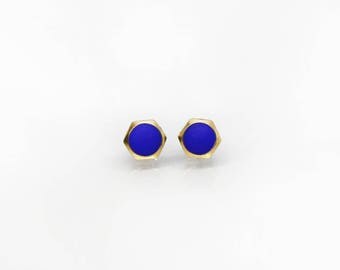 Minimal Blue Geometric hexagon circle stud earrings