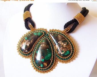 15% SALE Statement Beadwork Bead Embroidery Pendant Necklace with malachite and bronzite - BRONZE GARDENS - amber, green and black