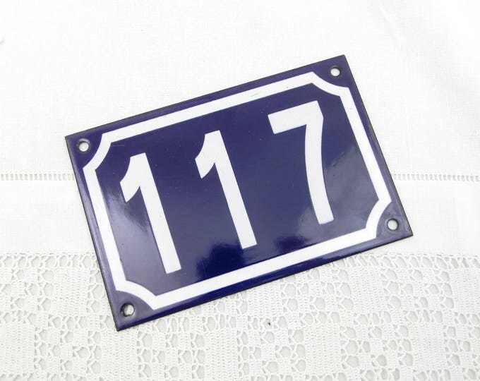 Blue and White Enamel Metal Number Plaque 117, Vintage French House Street Enameled Sign