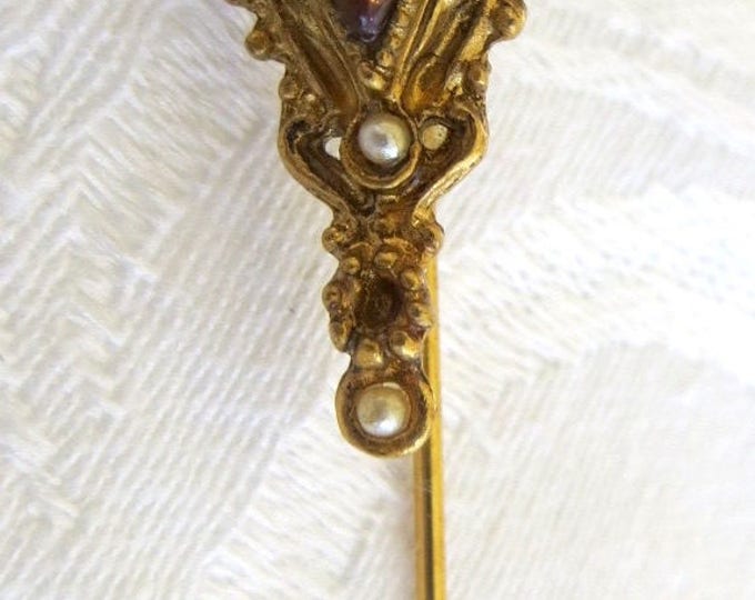 Vintage Stick Pin, Lapel Pin, Hat Pin, Amber Cabochon, Seed Pearls, Heraldic Jewelry