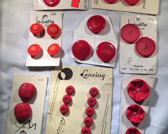 RED PLASTIC BUTTONS on Cards Vintage 24 Buttons