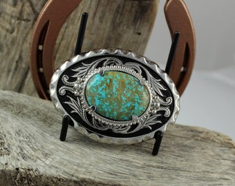 Western Belt Buckle - Turquoise Belt Buckle - Cowboy Belt Buckle -Silver Tone & Black Belt Buckle with a Genuine Kingman Turquoise Stone