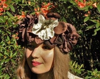 Steampunk flower crown/Victorian/vintage/brown/gold/lace/adjustable/flower fairy/boho/scissors/hair garland/wreath/wedding/festival