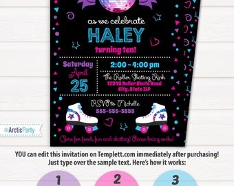 Roller Skating Invitations, Roller Skating Birthday Party Invitations - Roller Skate Invitations - INSTANT ACCESS - Edit with Templett.com