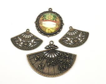 4 oriental girl and fans charms and pendant collection bronze tone,20mm to 40mm # ENS B 080