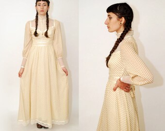 GUNNE SAX dress (XS/S) ivory 70s lace gown floral print rose long sleeve romantic renaissance victorian edwardian maxi sheer off white cream