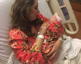 Coral maternity robe various length delivery, feeding, child birth, pregnancy and labor, baby shower gift, wrap around robe lounge wear
