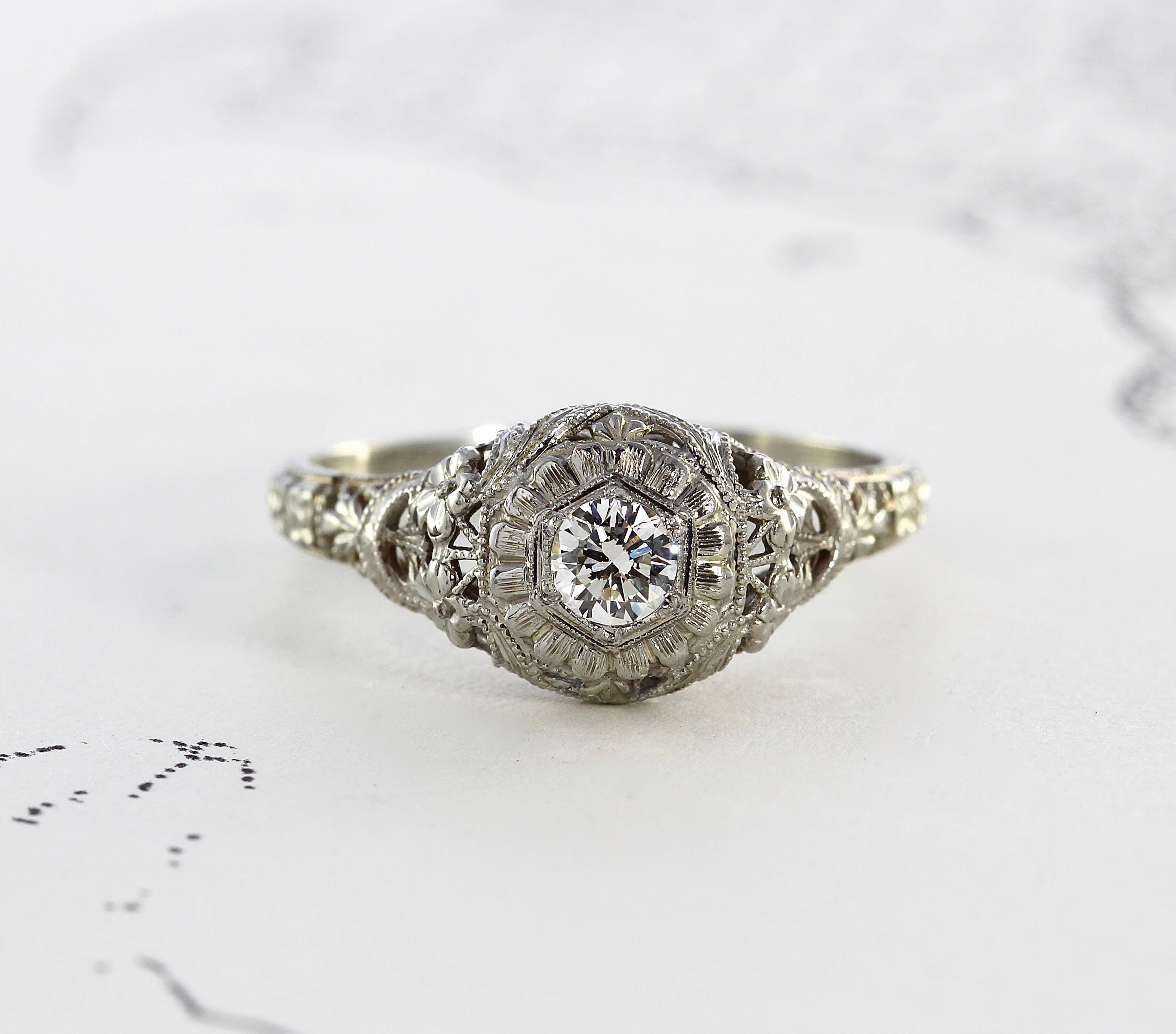 Antique Filigree Diamond Engagement Ring Edwardian 18k White