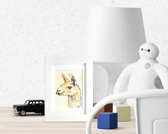 Llama Illustration Decoration, Alpaka painting framed, water colour for nursery children babies, forest animal painting, gift peru fan