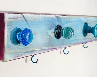 Rustic wooden wall coat rack /entryway organizer hanging boho decor storage reclaimed wood art 6 colorful hooks  5 knobs