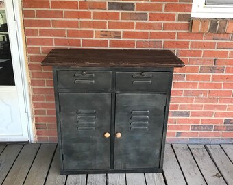 Vintage Steel Metal Cabinet Reclaimed Wood Top Repurposed Locker Industrial Decor