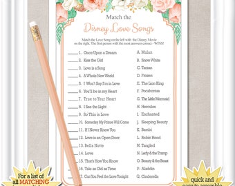 Match the Disney LOVE Songs Bridal Shower game with peach flowers and mint accents, ANSWERS included, diy PRINTABLE, 62BR