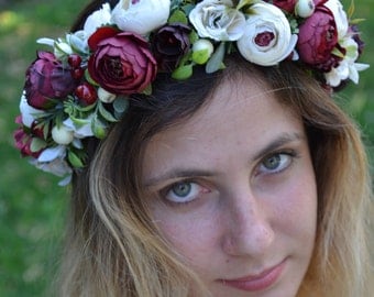 Bridal flower crown Summer outdoors Wedding flower headband Ivory Burgundy flower crown Summer photo shoot Bridal hair accessories