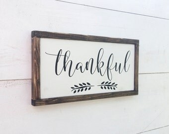 Wooden THANKFUL Sign with Flourish, White with Black Lettering and Wood Frame, Primitive Rustic Country, Vintage Farmhouse Decor, Solid Wood