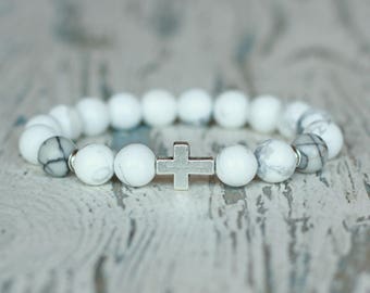 cross bracelet beaded men white bracelet Jewelry for him Uncle gift boyfriend dad birthday mens spiritual white howlite beads men christian