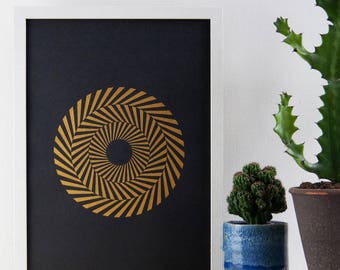 Hypnotic Circle Print, Gold Print, A3 Art Print, Geometric Print, Poster, Minimal, Screen Print, Screen Print, Gift Idea