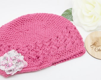 Crochet Kufi Hat, Pink, Flower, Baby Hat, Toddler Hat, Toddler Beanie, Winter Hat, Size up to 6mths