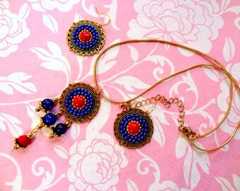 Blue and Red pendant earring set with Chain, Golden snake chain with Pendant, Gold pendant, Blue earrings, Red and blue pendant earring set.