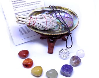 Chakra Crystal Healing Set: 7 Chakra Crystals, 3" California Sage, Shell, + Instructions