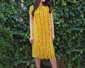 Yellow Chiffon Dress with ruffles, Summer dress, Cocktail Dress, Yellow Midi Dress, Yellow Dress, Dress with sleeves, Ruffle Dress