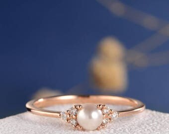 Pearl Engagement Ring Rose Gold Promise Antique Cluster Women Retro Art Deco Diamond Wedding White Akoya Jewelry Unique Anniversary Gift