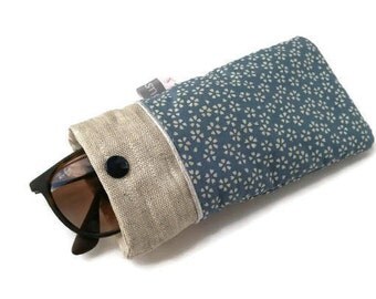 Japanese glasses case, handmade, glasses pouch blue sakura, cherry, piping, handmade flowers, bag accessory, gift for woman