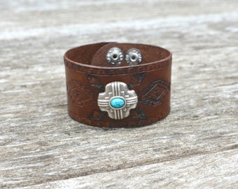 Southwestern Cuff Bracelet, Southwestern Bracelet, Tooled Leather Cuff, Western Bracelet, Boho Bracelet, Statement Bracelet, Made in Canada