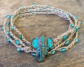 Elephant Bracelet, Boho Bracelet, Crochet Bracelet, Turquoise Jewelry, Wrap Bracelet, Boho Jewelry, Bohemian Jewelry, Festival Jewelry