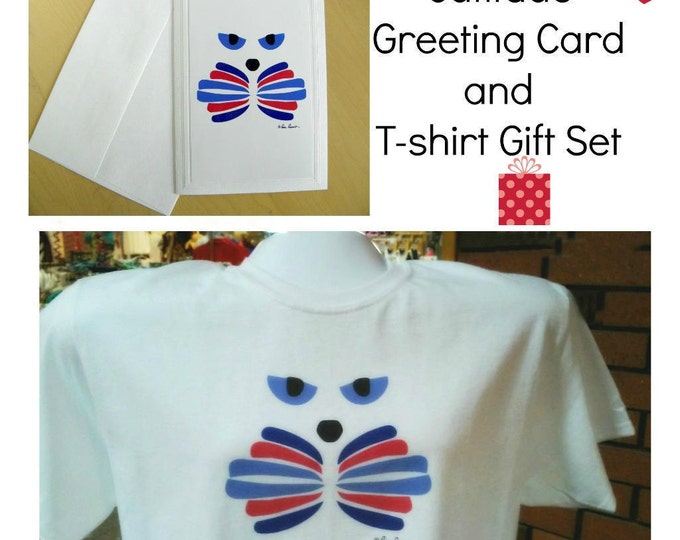CAT LOVER XMAS Gift Set featuring the graphic art of Pam Ponsart featuring a white T-shirt and matching Greeting Card