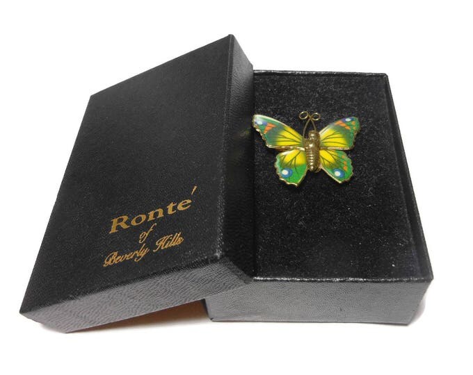 FREE SHIPPING Butterfly brooch, Ronte of Beverly Hills gold tone and multi-colored enameled Butterfly Pin, new in original box, giftable pin