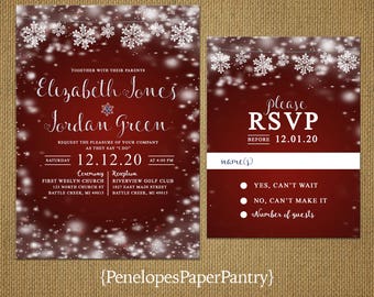 Romantic Rustic Burgundy Winter Wedding Invitation,Snowflakes,Glowing Lights,Shimmery,Rustic,Printed Invitation,Wedding Set,Optional RSVP