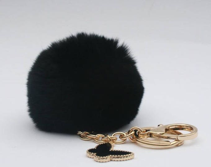 Butterfly Collection Black fur pom pom keychain REX Rabbit fur pom pom ball with butterfly charm