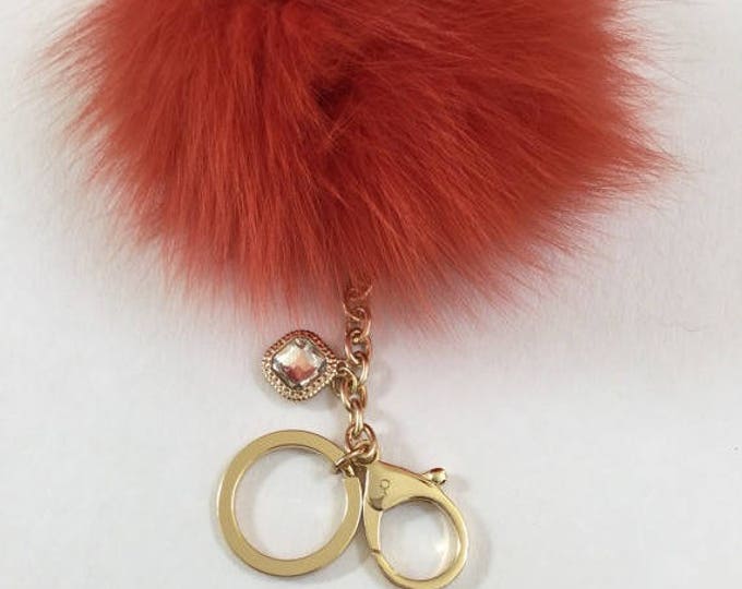 Rusty Orange Fur Pom Pom keychain ball luxury bag pendant with clear crystal charm