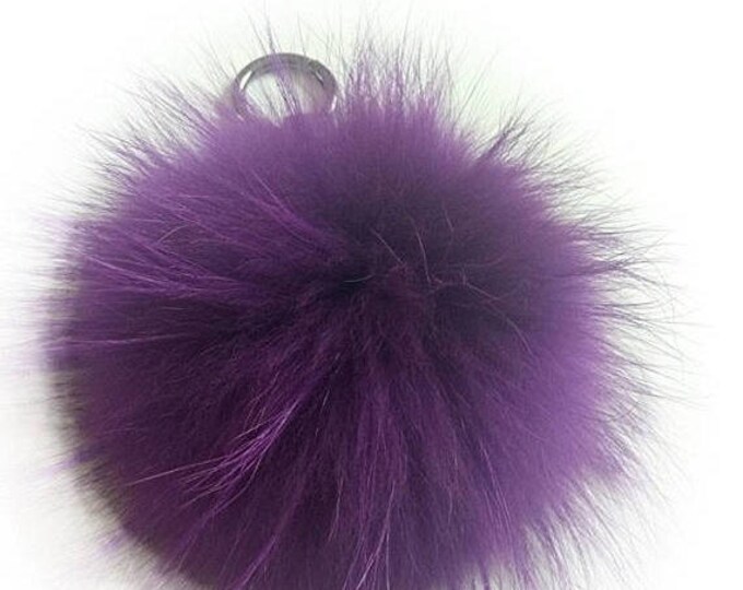 NEW! Purple Color Raccoon Fur Pom Pom bag charm keychain keyring puff fluffy realfur chain pendant Gun Metal™ Series