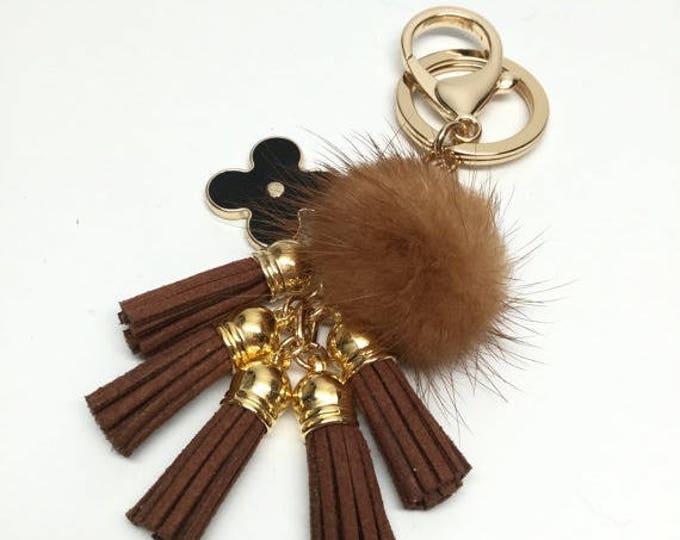 Cute Genuine Mink Fur Pom Pom Keychain bag charm with suede tassels and flower charm in Dark brown