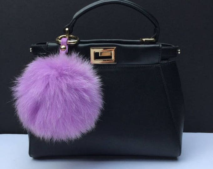 Fur bag charm, fur pom pom keychain, fur ballkeyring purse pendant in light purple