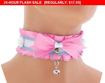 Sale 10% Satin pink lace Kitten play collar, ddlg collar, pet play collar, choker puppy, BDSM collar, princess, pastel gothic, kawaii,