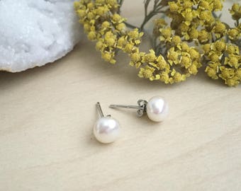 6mm Freshwater Pearl Earrings on Sterling Silver Posts Pearl Studs with Genuine Pearls Everyday Classic Hypoallergenic sensitive skin tops