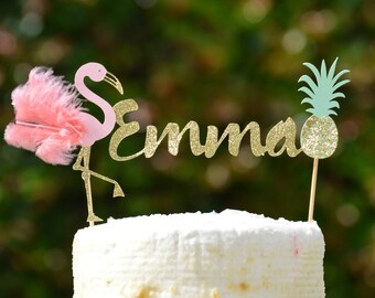 Flamingo Cake Topper,Custom Name Flamingo Topper,Personalized Name Cake Topper,Feathered Flamingo Cake topper,Pineapple Cake Topper