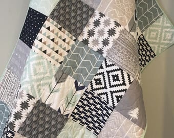 Tribal Baby Quilt, Baby Boy Bedding, Aztec Mudcloth Baby Quilt, Neutral Baby Quilt, Aztec Nursery, Tribal Crib Bedding, Navy Gray Beige Mint