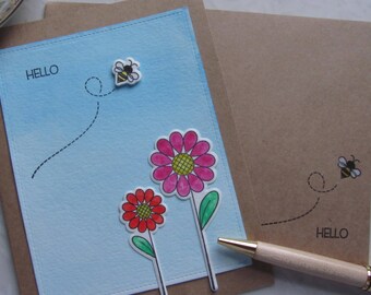 Hello Card, Watercolour Card, Handmade Card, Greeting Card, Tiny Bee, Flowers, Sparkle,Pink, Orange, Kraft Paper, Die Cut, Sky Blue